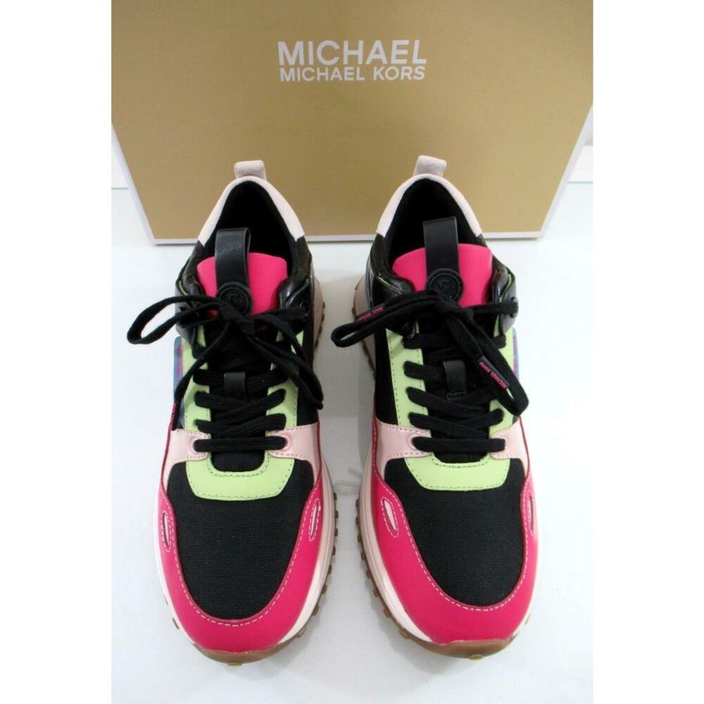 Michael Kors size 7 Theo Trainer Lace Up Sneakers Mk Logo Black Leather - Picture 7 of 11